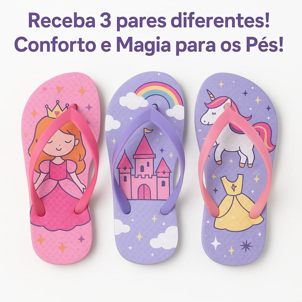 Kit 3 Pares Chinelo Infantil Menina Sortido Confortável Leve Macio